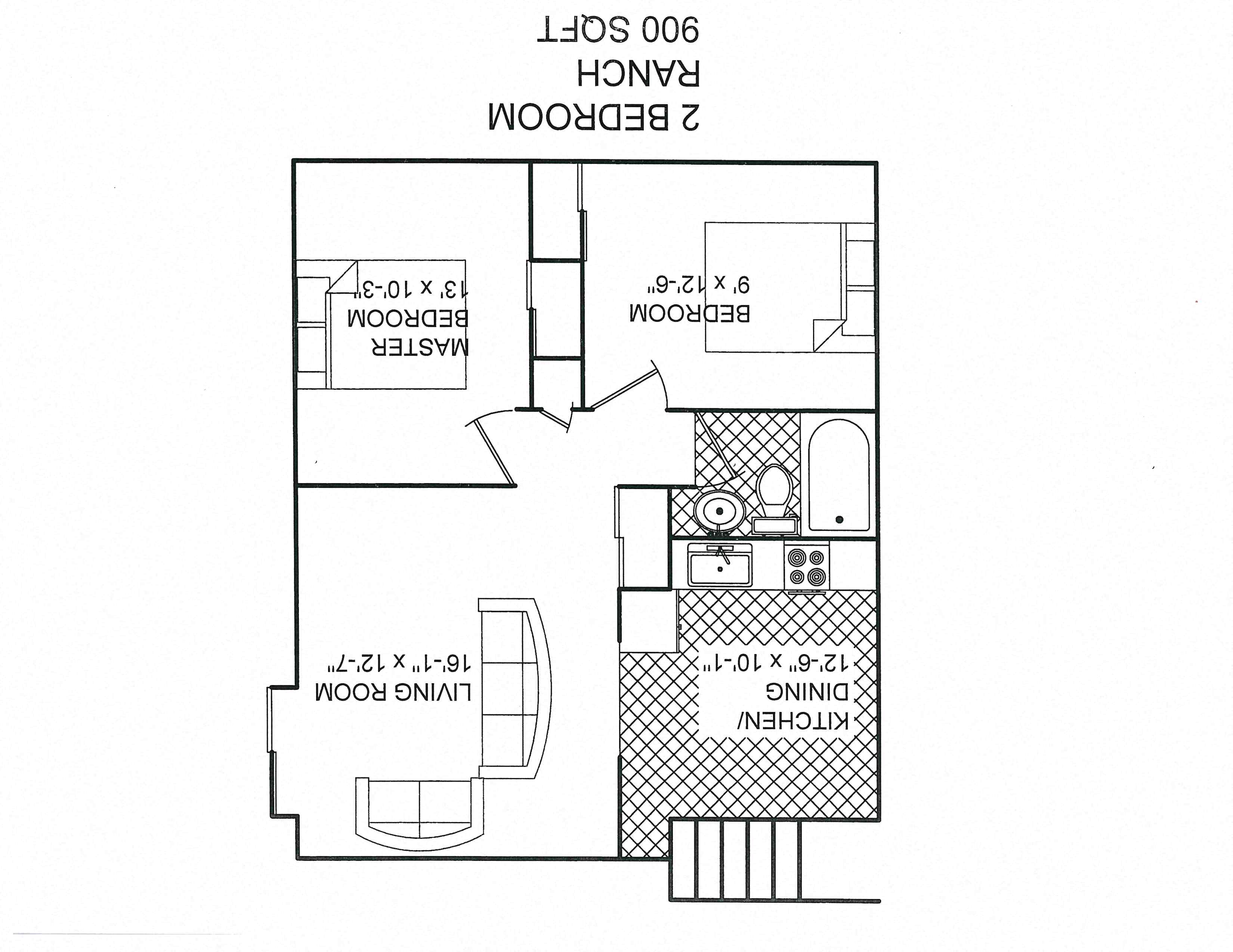 Floor plan for 2 beds, 1 bath, 900 sqft